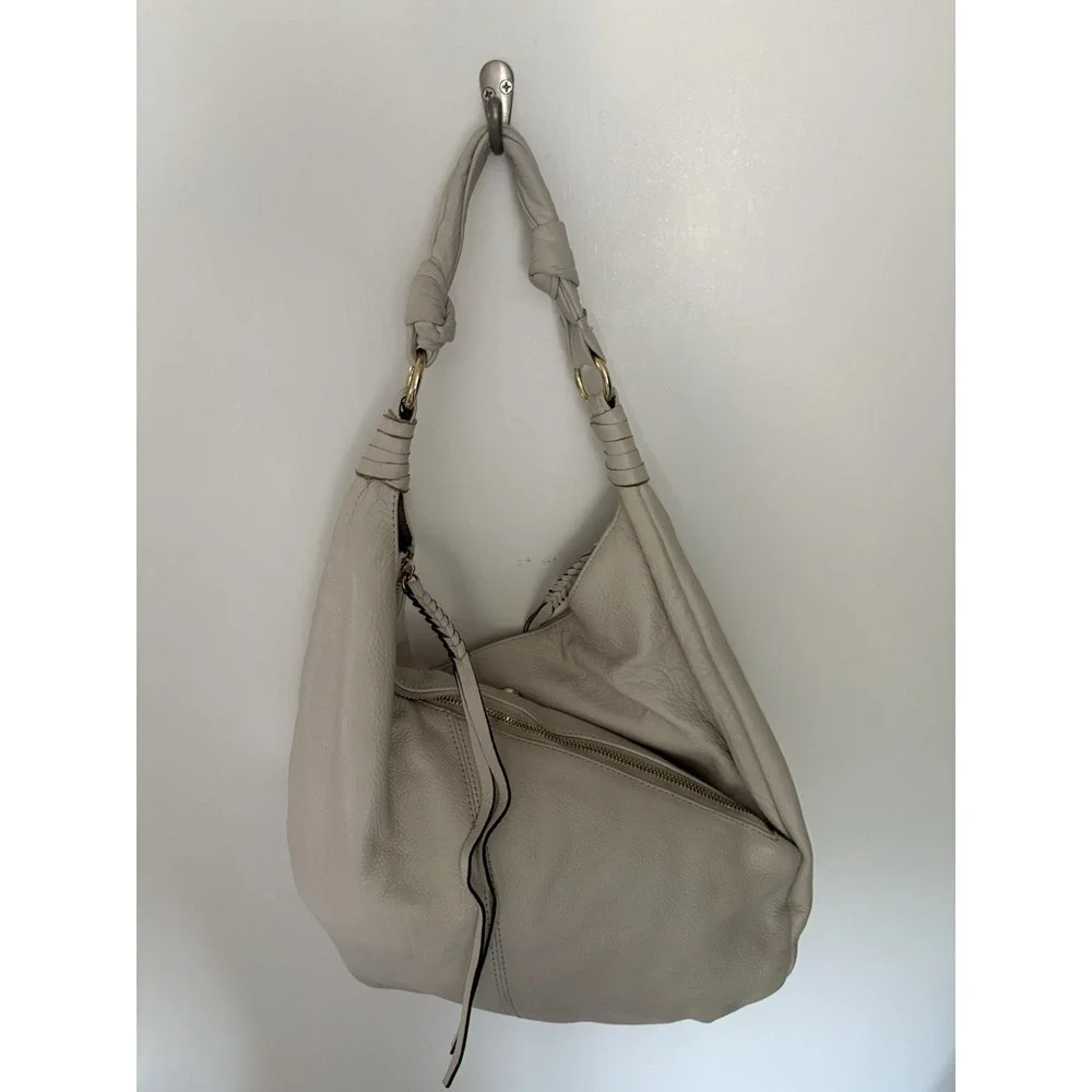 Vince Comuto Cream Pebbled Leather Pleated Hobo Bag Slouchy Braided Tassel Y2K